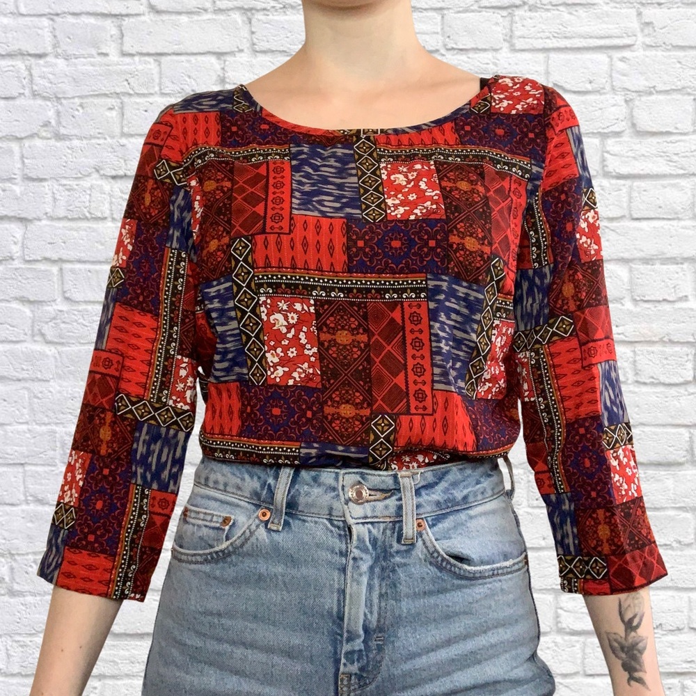 Japna three quarter sleeve funky print open back top S